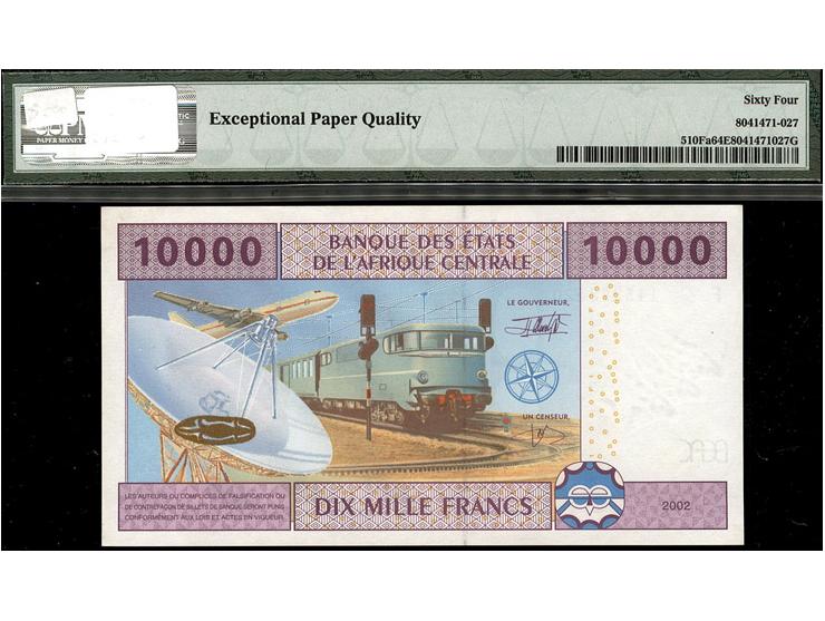 Central African States, 10.000 Francs, 2002, UNC, P510Fa Equatorial Guinea, serial number: F 145273420 PMG 64 EPQ
Estimate: $
