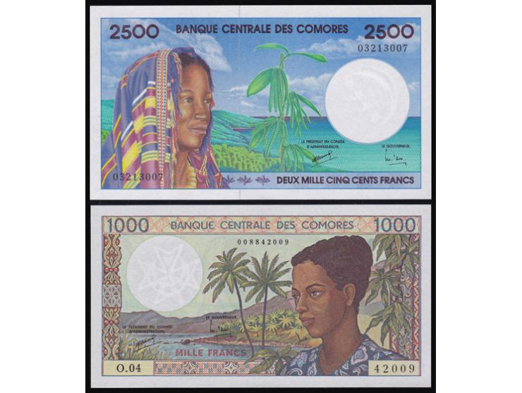 Comores 1994.&nbsp;P # 11b&nbsp;Blue-gray 1000 Francs, brown, and green on multicolored underprint. Woman at right, palm tree