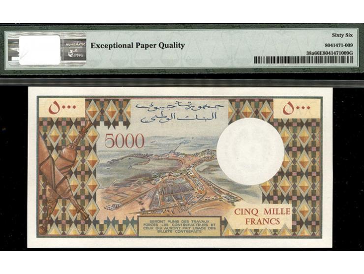 Banknote, Djibouti, 5000 Francs, Undated (1979),&nbsp;P # 38a,&nbsp;S/N V.1 55329. &nbsp;PMG 66 EPQ Gem Unc.
Est. $300-$400