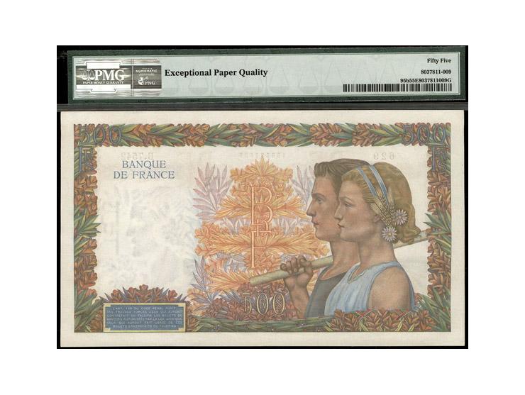1941-43 FRANCE, 500 Francs PK# 95b S/N B.7542 629&nbsp; PMG 55 EPQ About Unc.&nbsp;&nbsp;