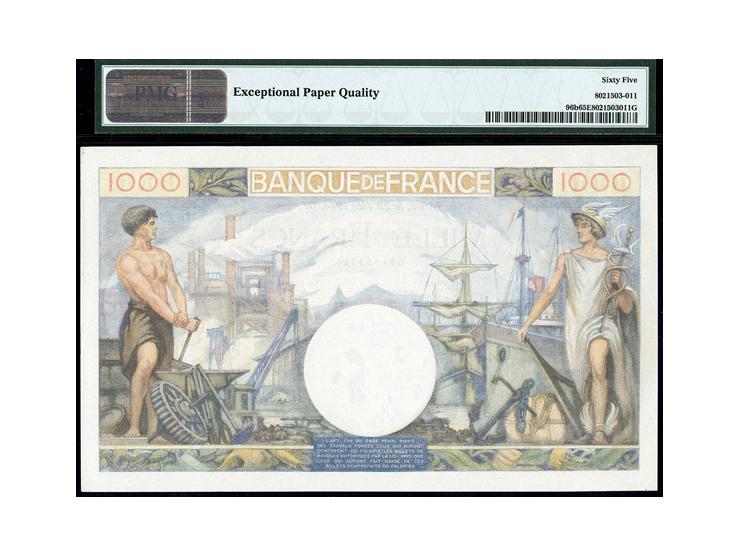 France Banque de France 1000 Francs 12.6.1944 Pick 96b S/N D.2563 754&nbsp;PMG Gem Uncirculated 65. Exceptional Paper Quality