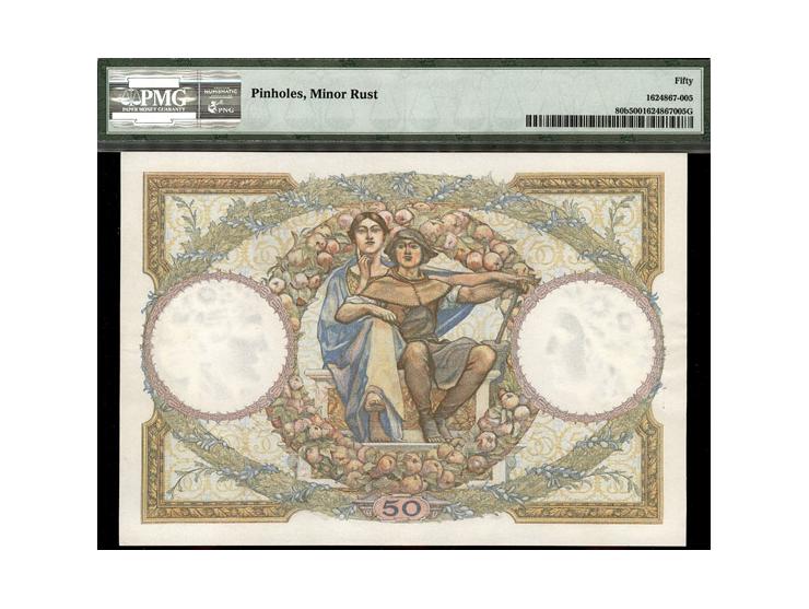 France Banque de France 50 Francs 1933-34 Pick 80b S/N&nbsp;L.12488 283&nbsp;PMG About Uncirculated 50 Staple holes.&nbsp;
Es