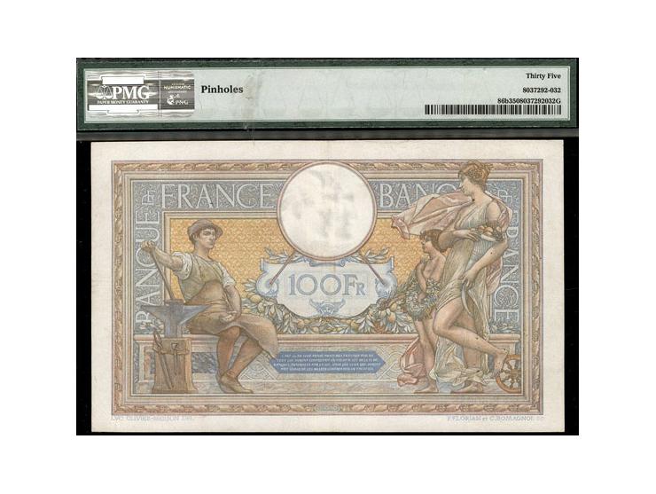 France. Banque De France. 100 Francs, 27-5-1938. S/N E 60638 597. (Pick 86b). Folds etc, two pinholes, very crisp,Choice Very