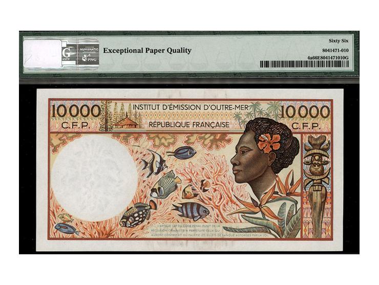 French Pacific Territories Institut d'Emission d'Outre-Mer 10,000 Francs ND (1985) Pick 4a PMG Gem Uncirculated 665 EPQ.
