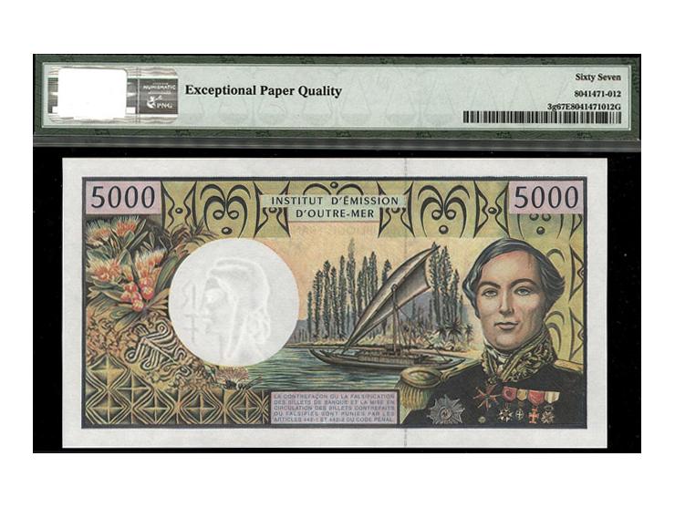 French Pasific Territories, 5000 Francs, 1996, UNC, P # 3g serial number: 50052.D.011. PMG 67 EPQ. Superb Gem Unc.
Estimate: 
