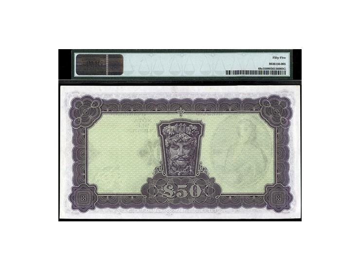 Ireland Republic 'Lady Lavery' 50 Pounds 4.4.1977 Pick-68c  LTN66  S/N 03A097379 About Unc PMG 55. Very rare.
  Estimate: $13