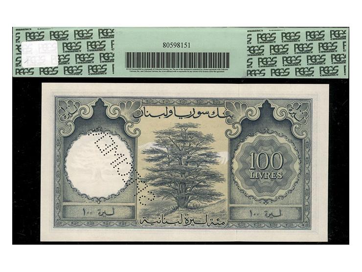 Lebanon, 100 livre, 1952, UNC, p60s, SPECİMEN PCGS 65&nbsp;PPQ&nbsp;, serial number: F21 00000 (stars holes)Estimate: $600-10
