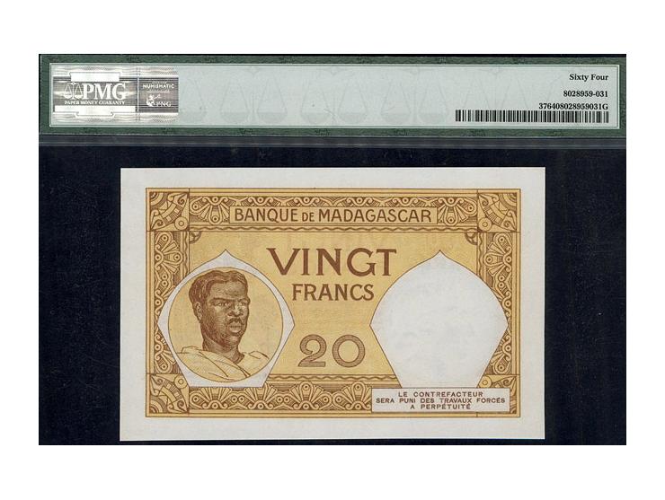 Madagascar 20 Francs Banknote (1937-47)&nbsp; Cat#37.&nbsp; Extra Fine Grade-PMG-64&nbsp; Choice Uncirculated.