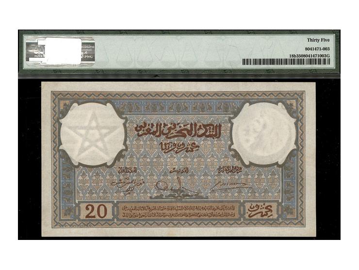 Morocco 20 Francs 6.3.1941 Pick 18b.&nbsp; A light bend to the left of center is noted on this otherwise, well embossed, and 