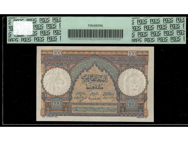 Morocco Banque d'Etat du Maroc 100 Francs 22.12.1952 Pick 45.&nbsp;S/N A.51 85698&nbsp;The polychrome colors and heavy emboss