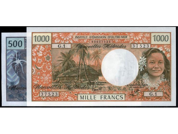 New Hebrides Institut d'Emission d'Outre-Mer 500 Francs ND (1979) Pick 19c; 1000 Francs ND (1975) Pick 20b.. ... (Total: 2 no