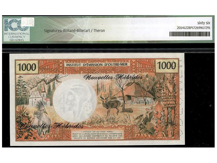 New Hebrides: 1000 Francs ND(1980) Specimen P. 20s / K.SP906-3&nbsp;Printer: BdF 0/0 00000 -&nbsp;Institut d'Emission d'Outre