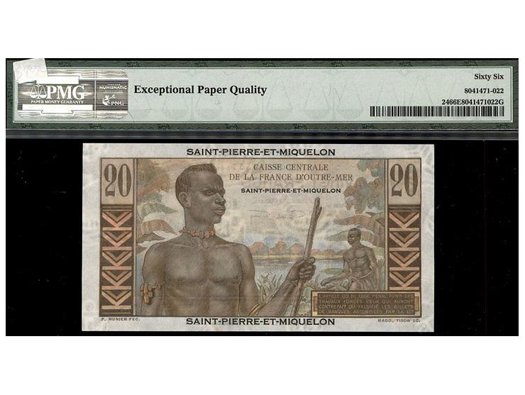 Saint Pierre &amp; Miquelon:P-24,20 Francs,1950* S/N A.81 54557. &nbsp;Emile Gentil * PMG Gem UNC 66 EPQ. Exceptional Paper Q