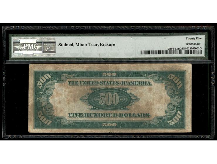 USA. Fr. 2201-Ligs Light Green (LA Block)&nbsp;1934 $500 Federal Reserve Note San Francisco PMG 25&nbsp;Very Fine. S/N&nbsp;L